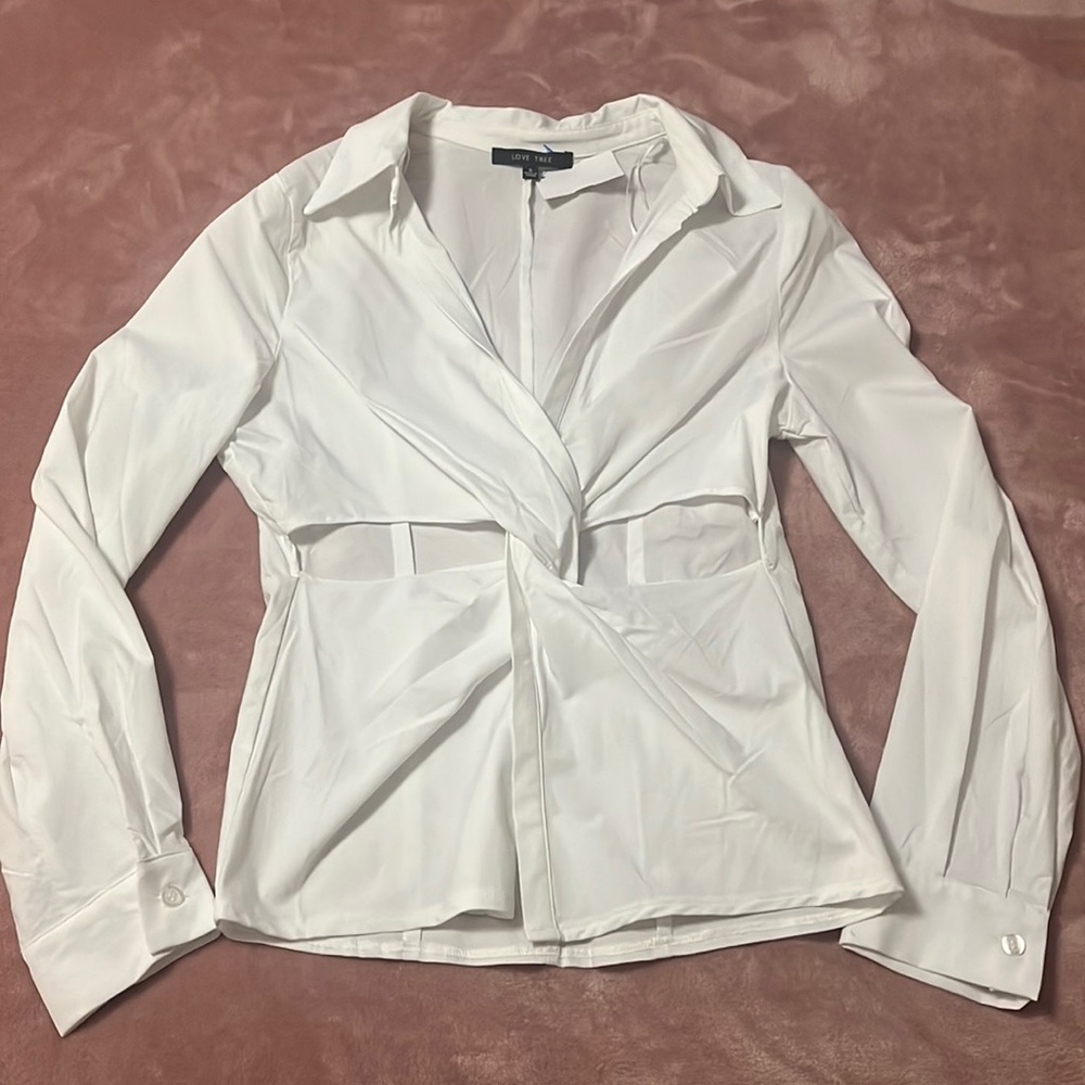 Twist Cutout Fitted Button Down Stretch Blouse